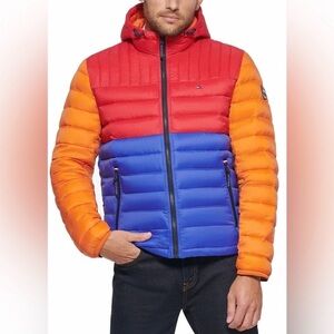 Tommy Hilfiger Men's M Quilted Color Blocked Hooded Puffer Jacket Multicolor